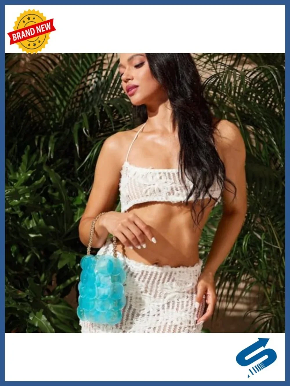 Shell Woven Clutch Handbag with Beaded Chain - Summer Beach Bag